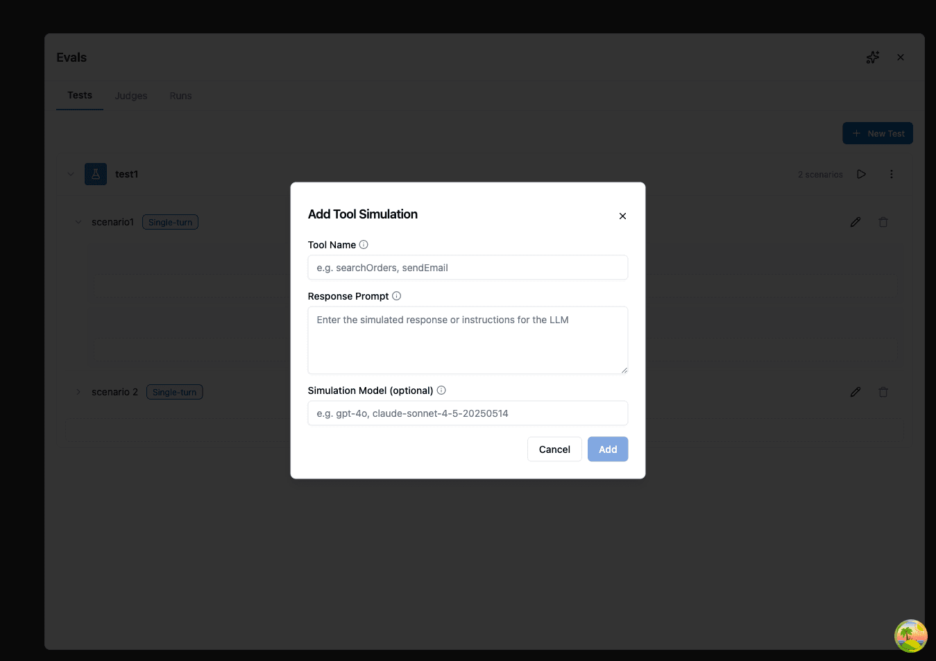 Create tool simulation dialog