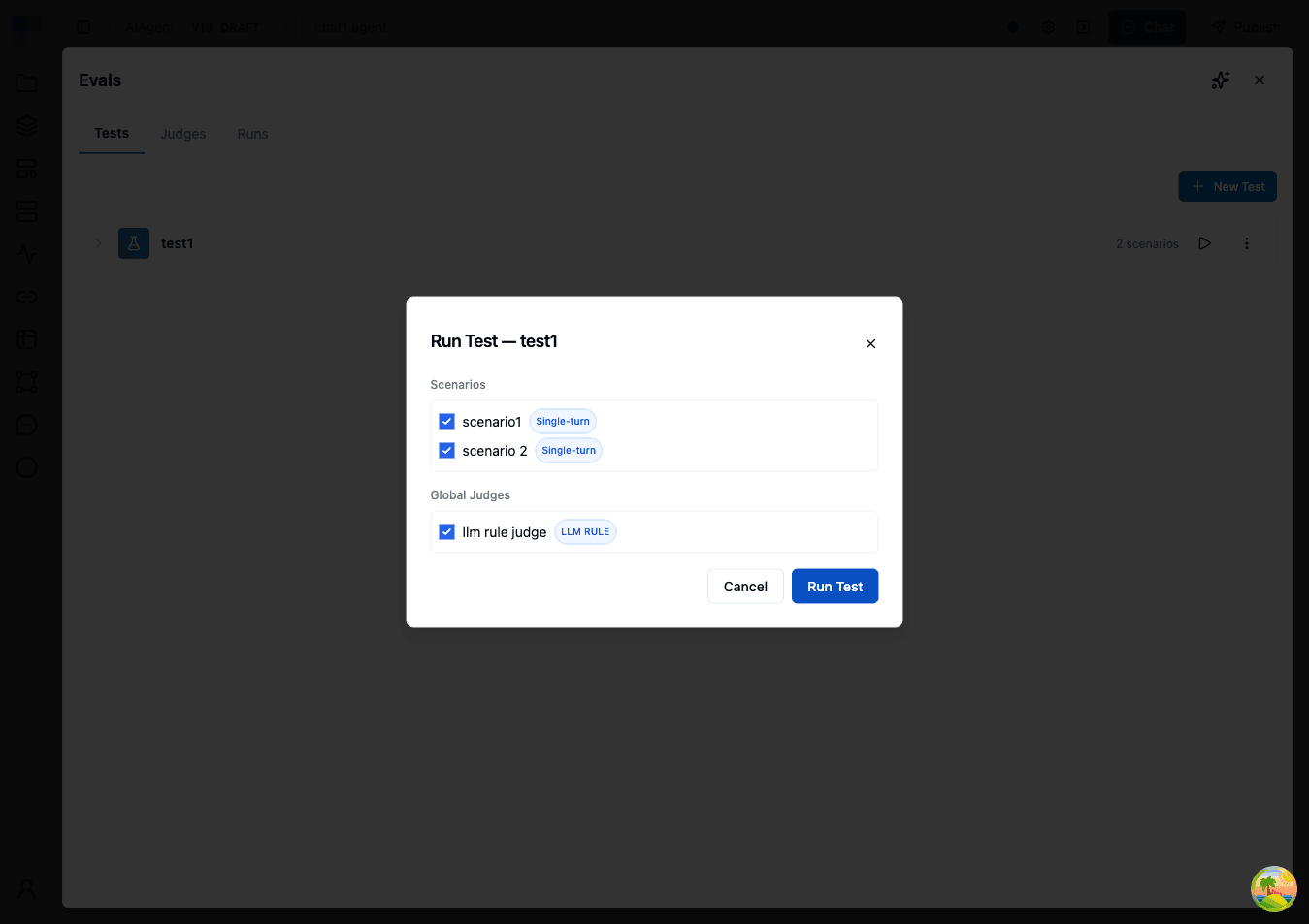 Run test dialog