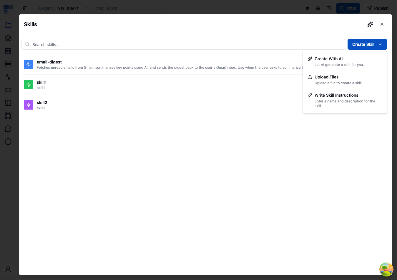 Create Skill dropdown showing the three creation options