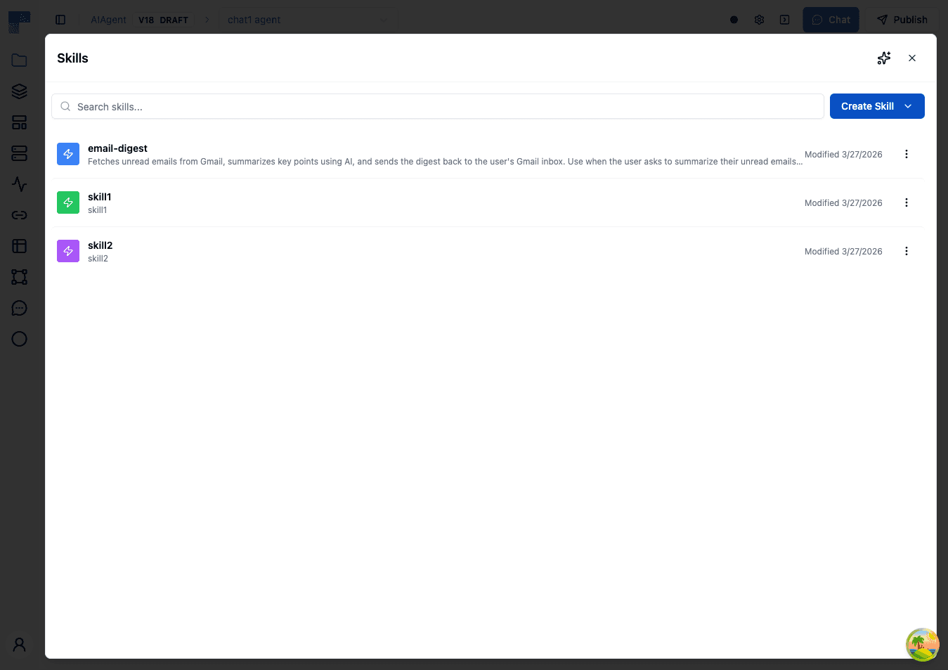 Skills page with sidebar list and detail view